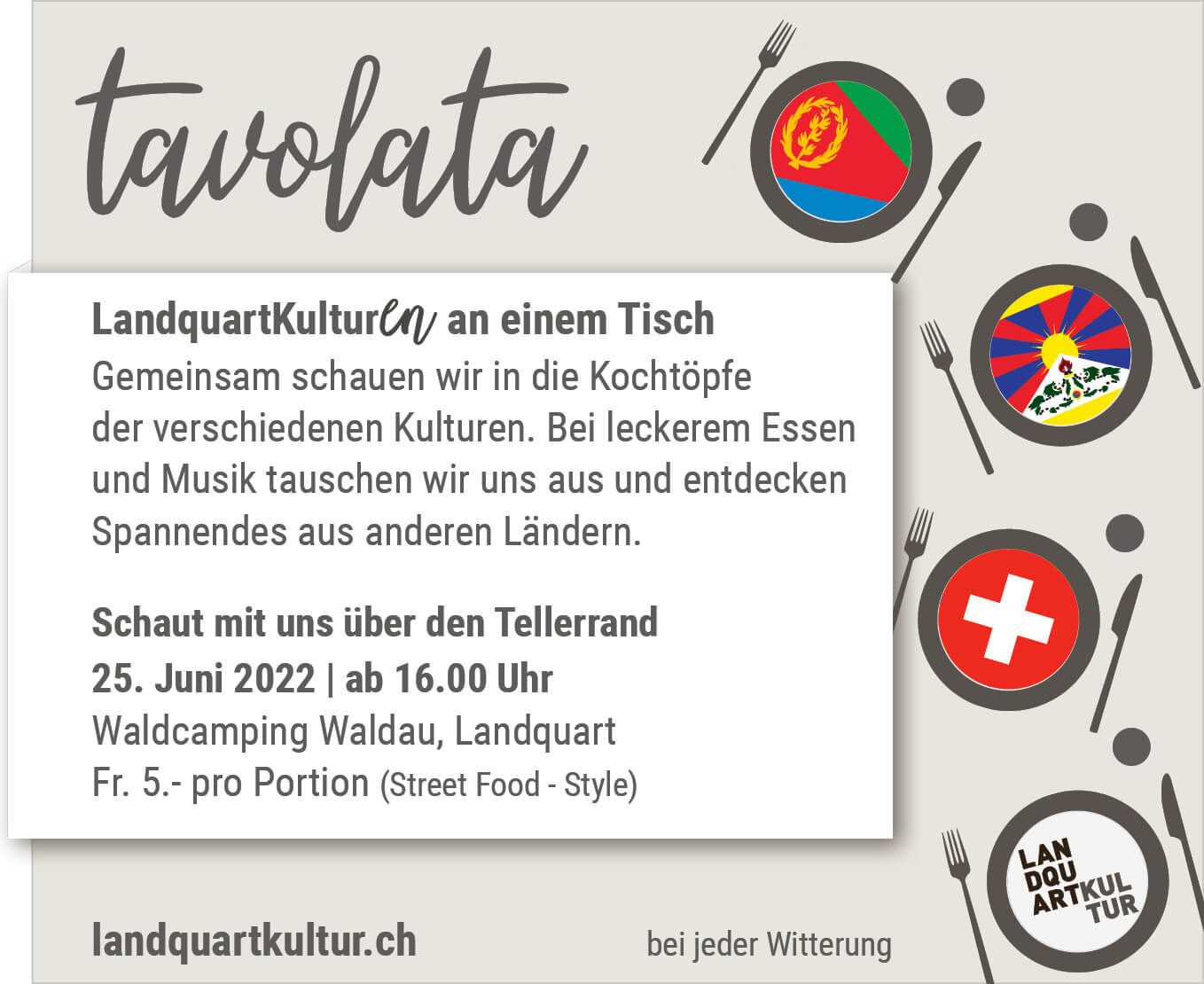 Tavolata - LandquartKultur organisiert einen Street-Food Event im Waldcamping, Landquart (Graubünden)