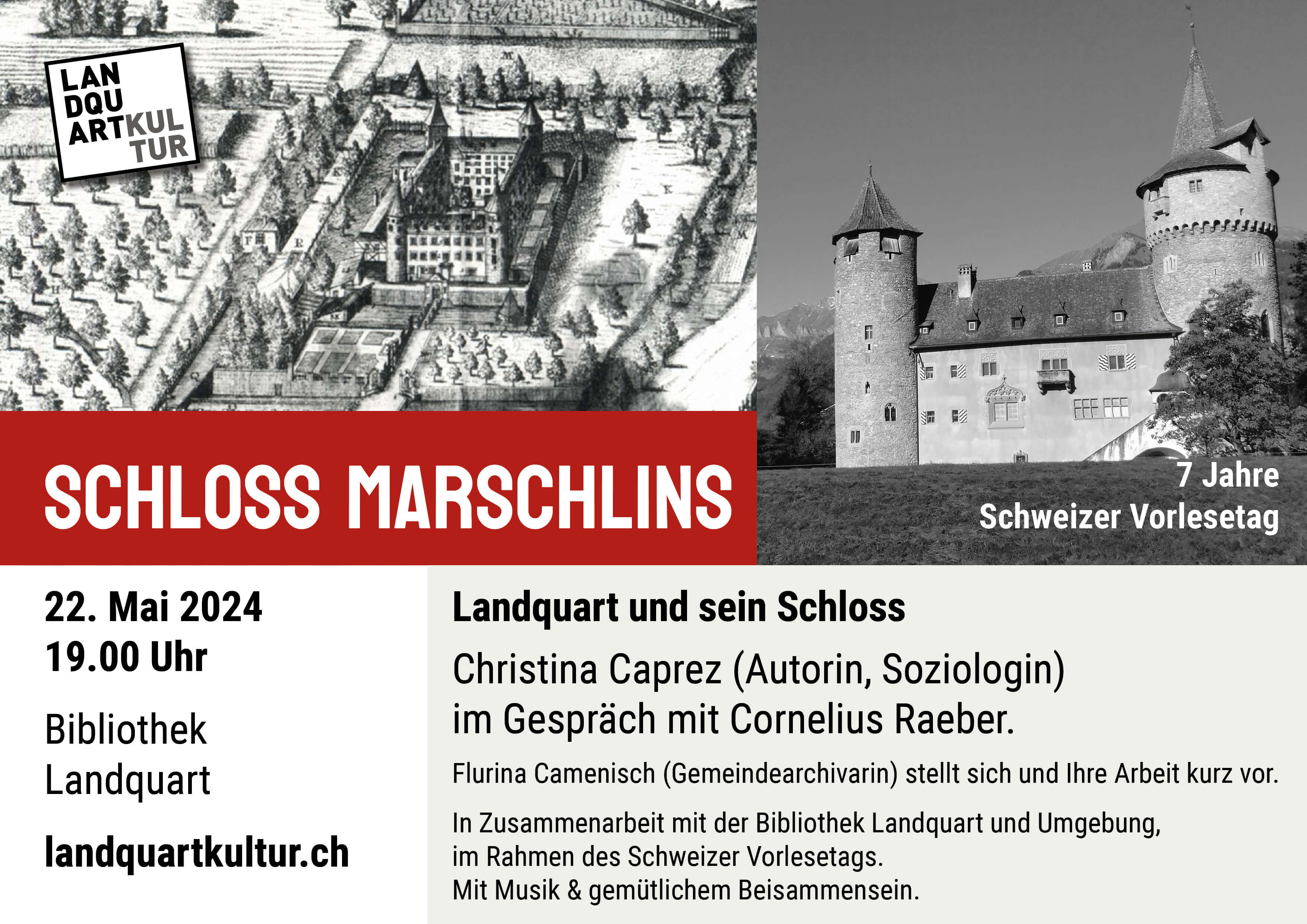 Alter Stich und schwarz-weiss Foto vom Schloss Marschlins, Landquart. Dazu Details zum Event analog Text auf der Website.